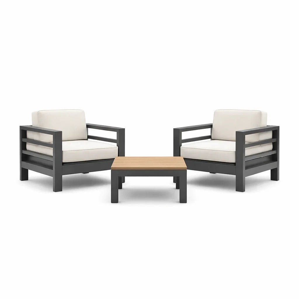 Ensemble de détente en aluminium noir avec coussins blancs et table basse en teck - 2026