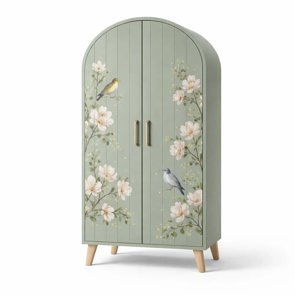 Armoire en bois vert avec motif floral et oiseau et deux portes - 2026
