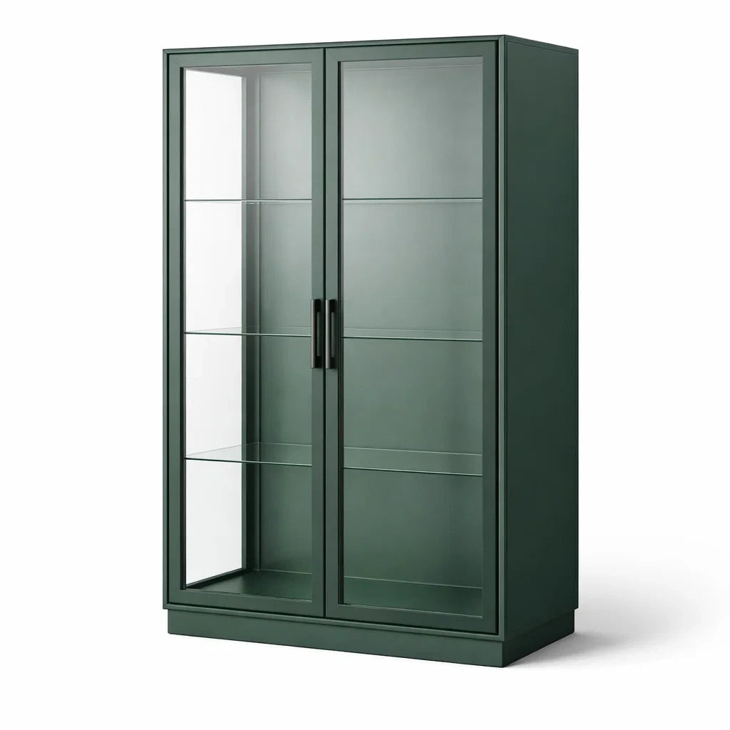 Vitrine en métal vert avec verre trempé et portes battantes - 2026