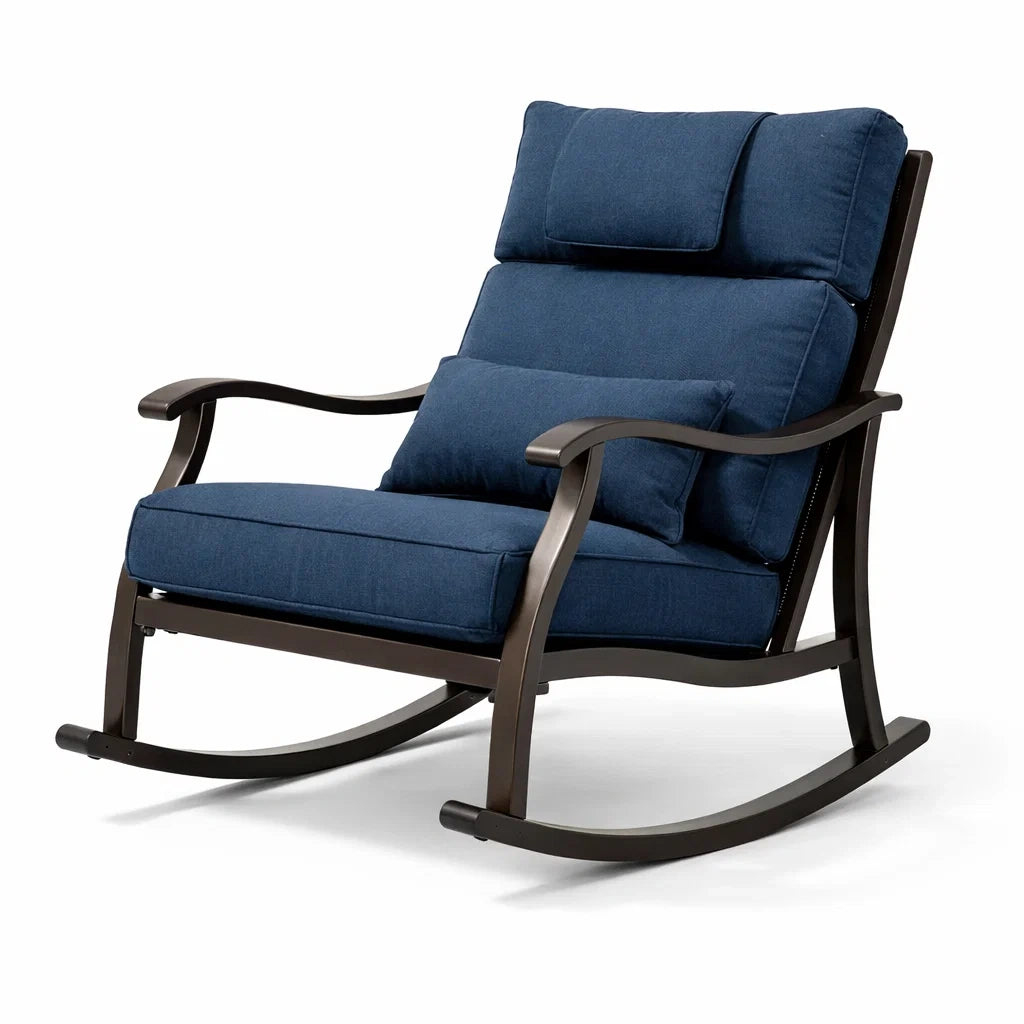 Fauteuil à bascule de terrasse en métal avec revêtement en tissu bleu - 2026