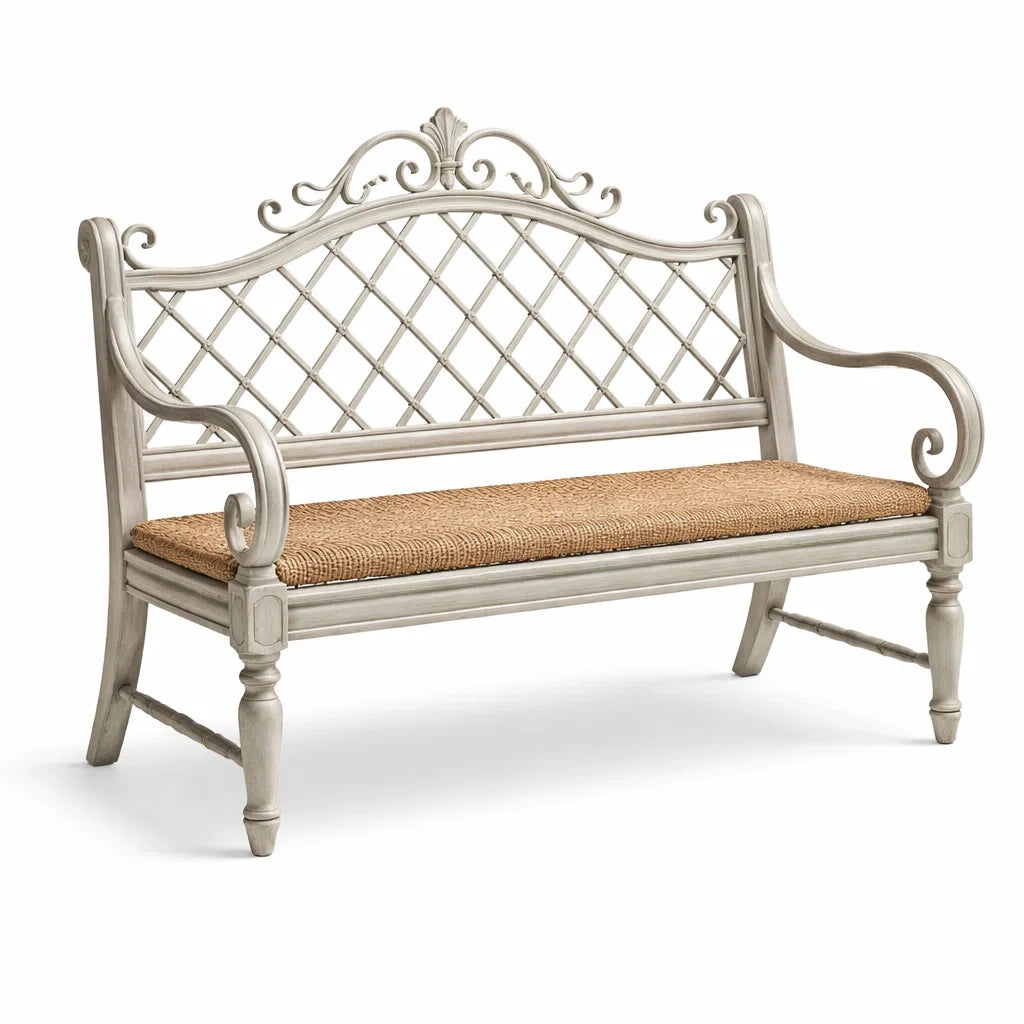 Banc en bois et rotin gris - 2026