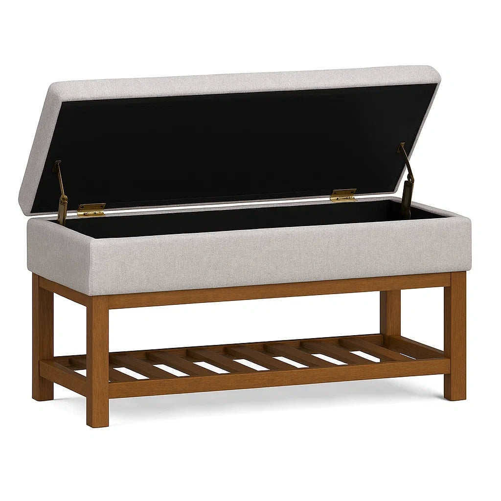 Banc de rangement en lin gris clair et bois - 2026