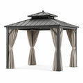 Pavillon de jardin en acier anthracite avec rideaux beiges et toit rigide à double niveau, 360 × 300 × 280 cm - 2026