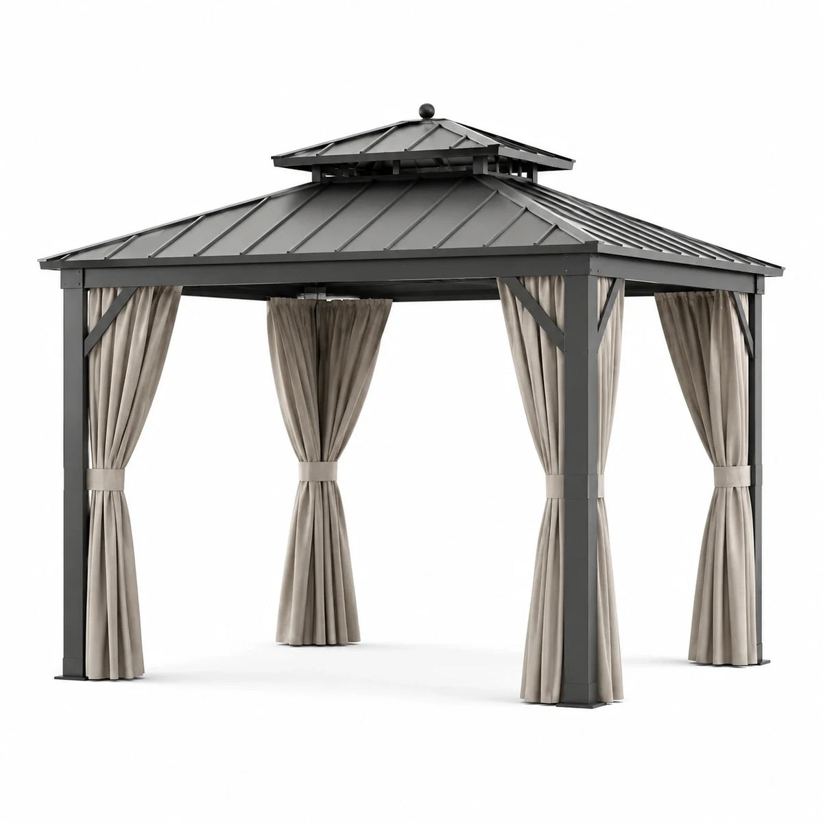 Pavillon de jardin en acier anthracite avec rideaux beiges et toit rigide à double niveau, 360 × 300 × 280 cm - 2026