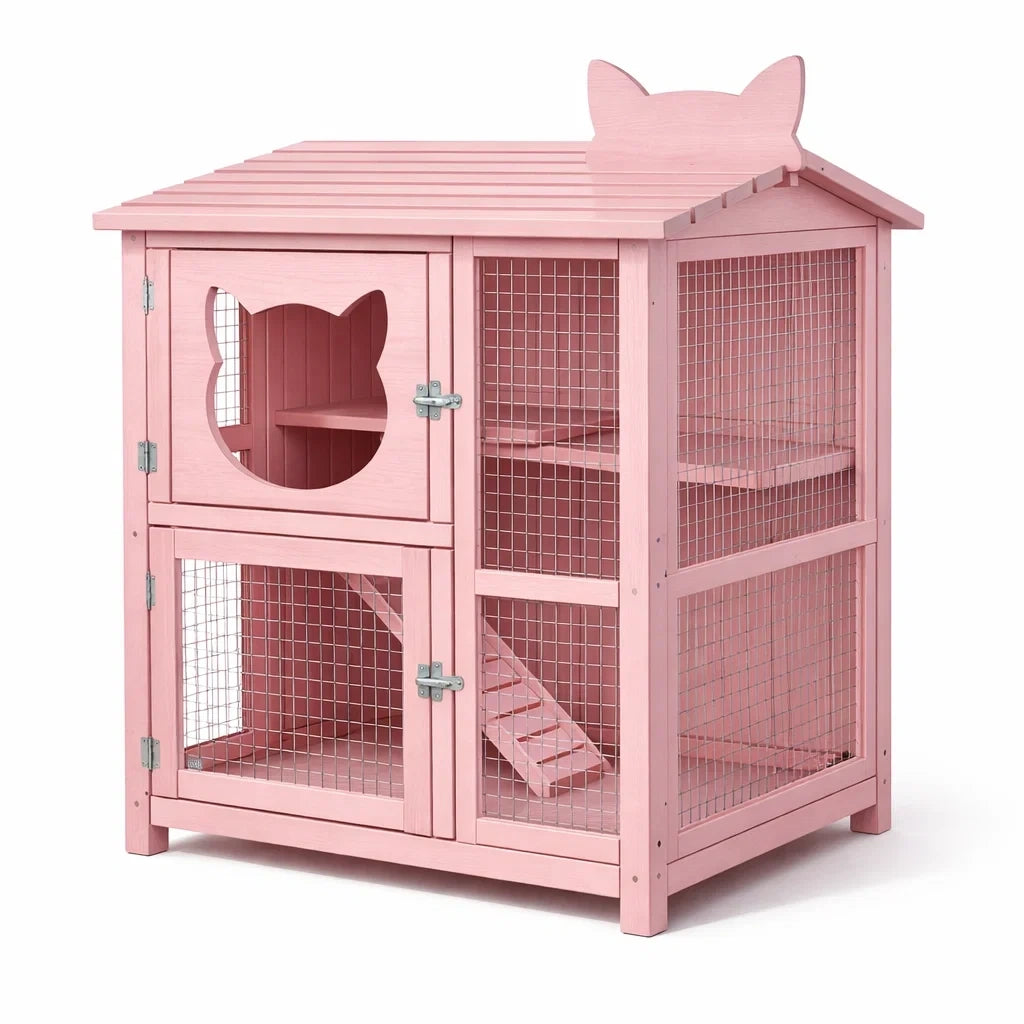 Cage à chat en bois avec maille métallique rose - 2026