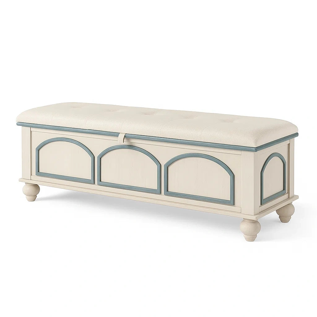 Banc de rangement en bois avec coussin en polyester crème et bleu - 2026