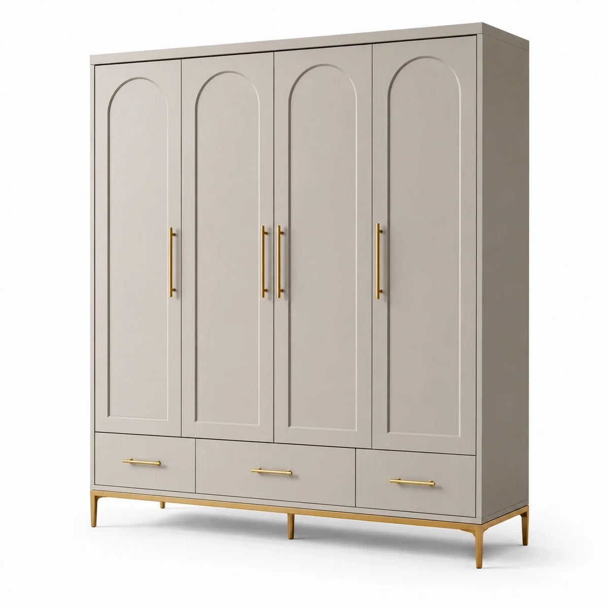Armoire grège et dorée à 4 portes et 3 tiroirs, 200 × 58 × 220 cm - 2026