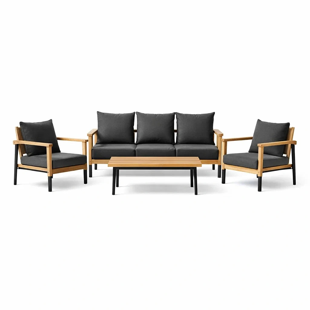 Ensemble de salon extérieur en bois avec coussins gris - 2026