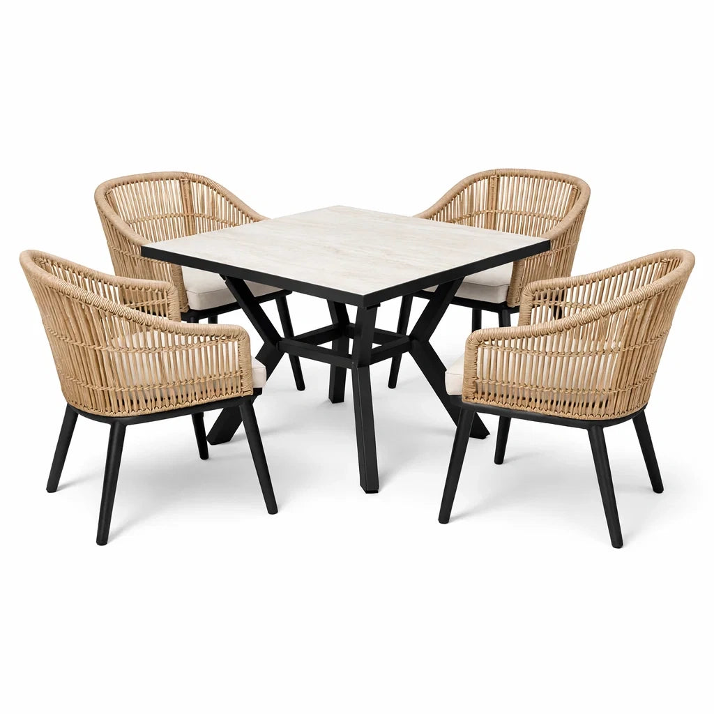 Ensemble table et chaises carrées en rotin et métal avec 4 chaises - 2026