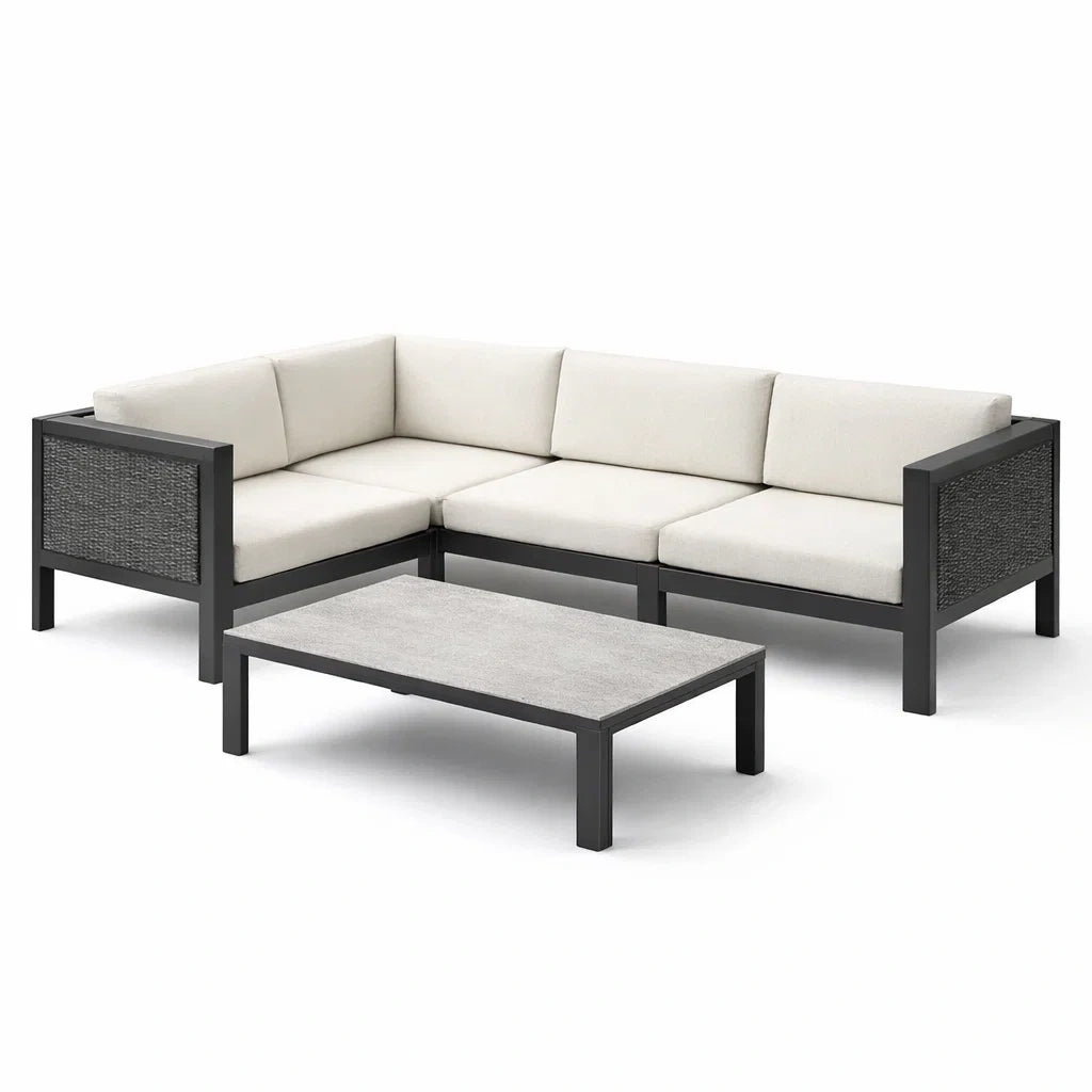 Canapé d'angle extérieur en aluminium avec coussins beiges et table basse - 2026