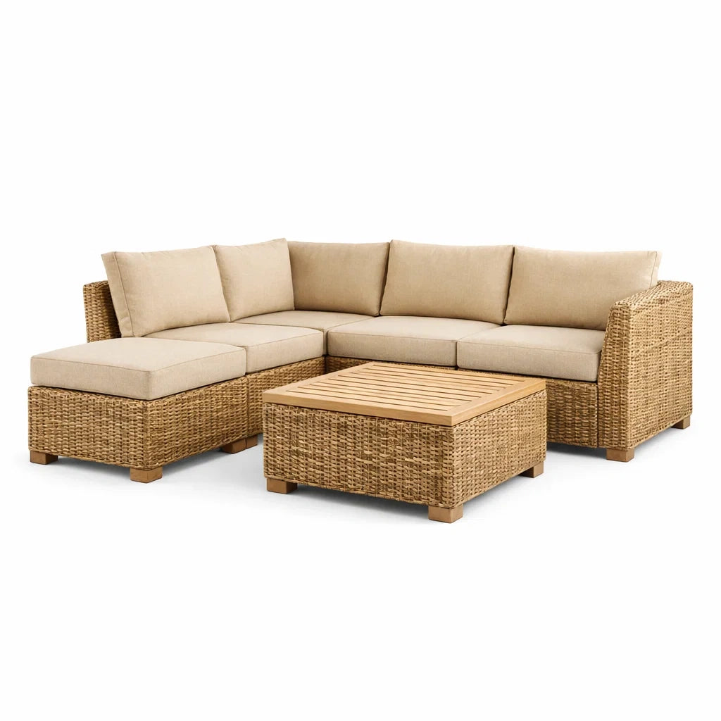 Ensemble de canapés d'angle modulable en osier avec table basse en bois - 2026