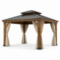 Pavillon en bois avec toit métallique et rideaux en polyester beige - 2026