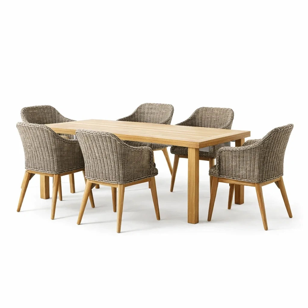 Ensemble de table et chaises en bois et rotin avec 6 chaises bois naturel gris - 2026