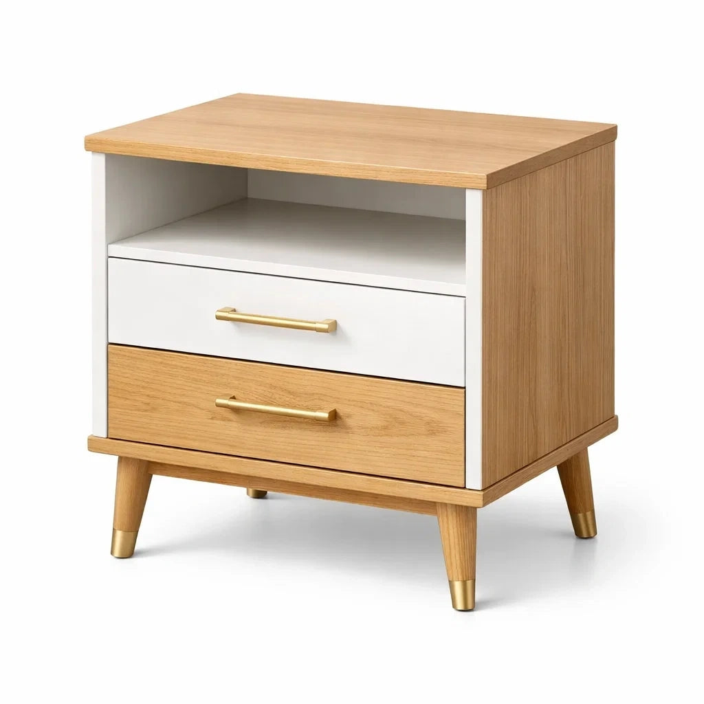 Table de chevet en bois chêne et blanc avec 2 tiroirs - 2026