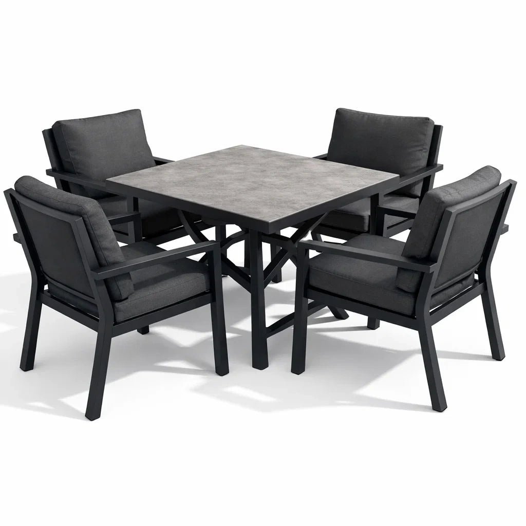 Ensemble table et chaises avec table carrée en métal et coussins gris - 2026