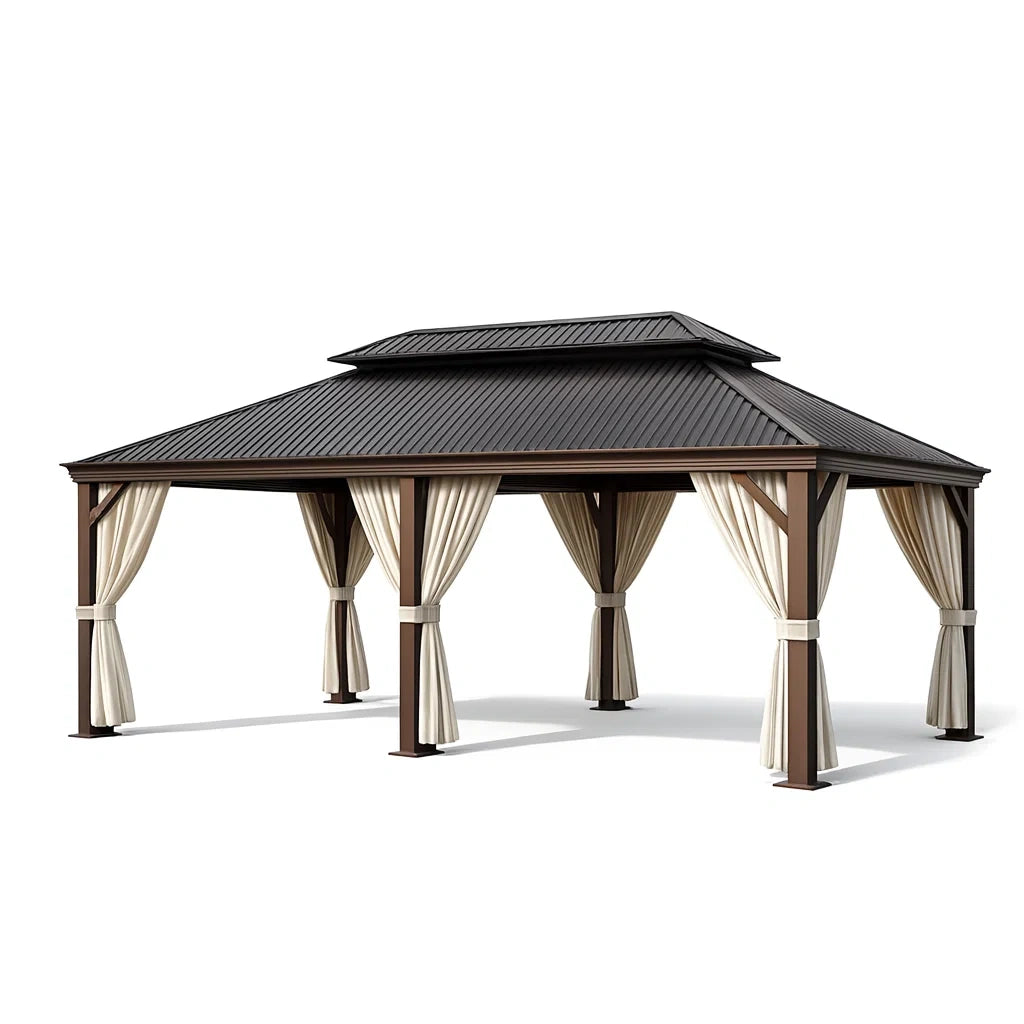 Pavillon en métal avec toit en métal noir et rideaux beige - 2026