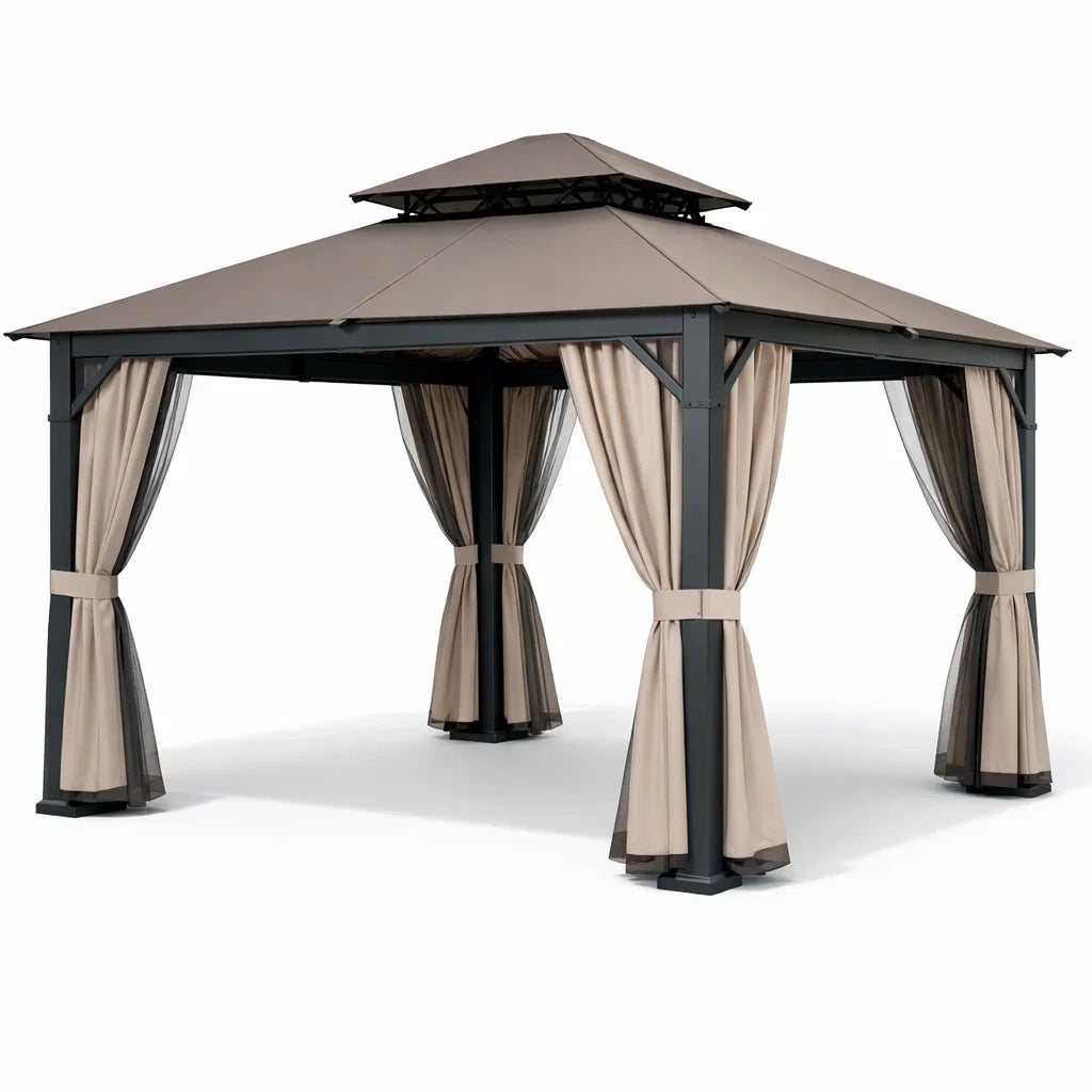 Pavillon de jardin en acier avec rideaux beige - 2026