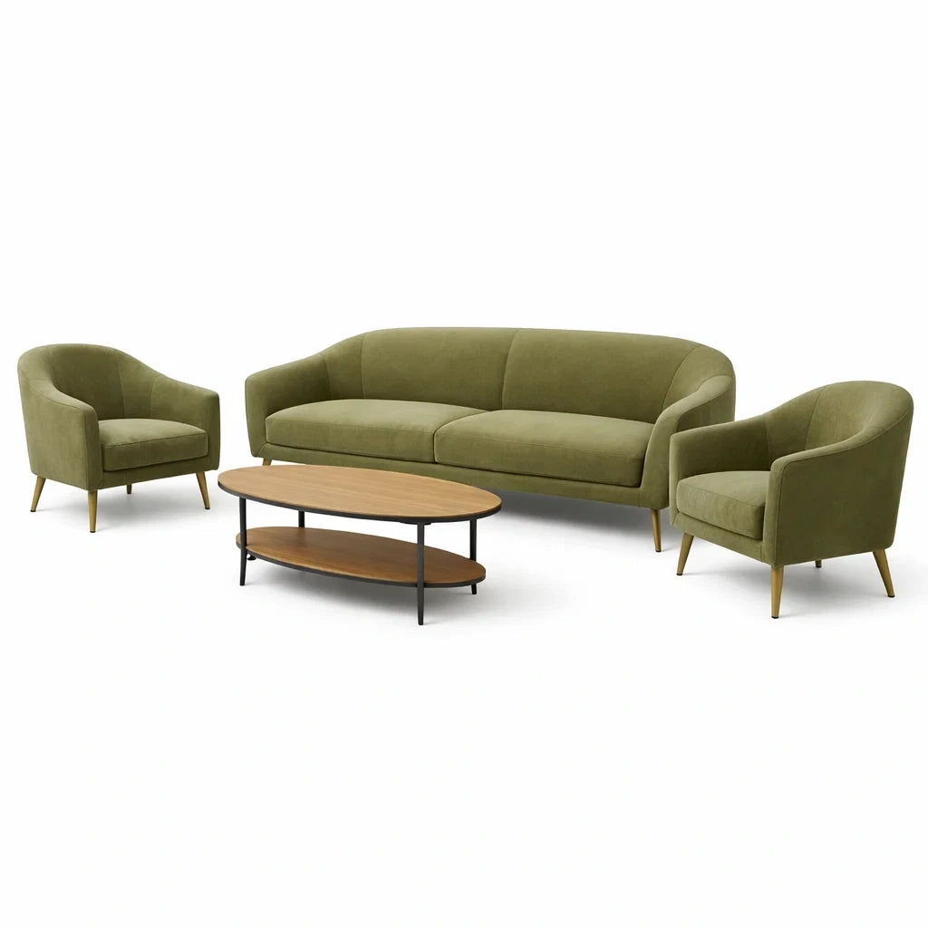 Ensemble de canapés et fauteuils en tissu vert avec table basse en bois et métal - 2026