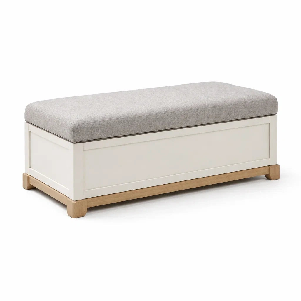 Banc de rangement en bois et tissu gris - 2026