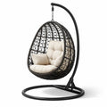 Fauteuil suspendu œuf avec support en rotin synthétique noir avec coussin beige - 2026