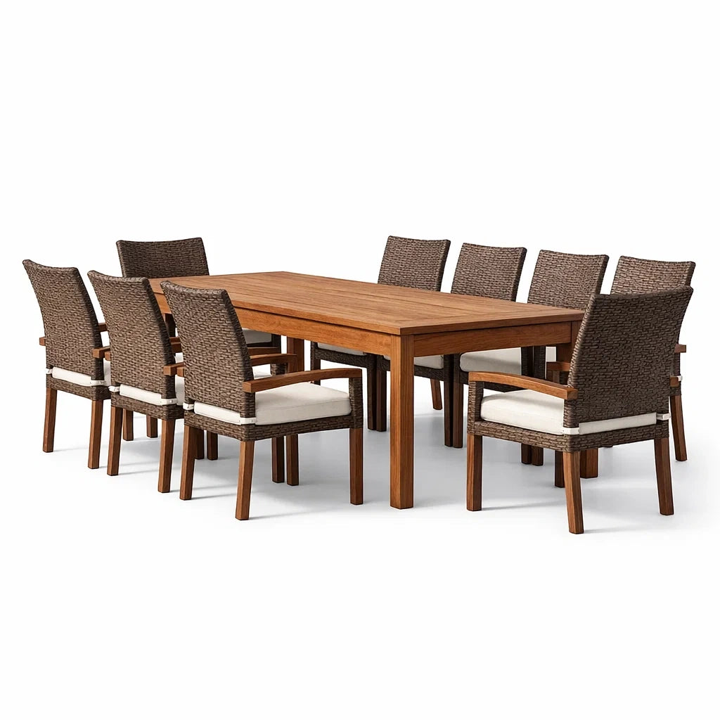 Ensemble de Salle à Manger Extérieur en Bois avec 8 Chaises en Résine Tressée - 2026