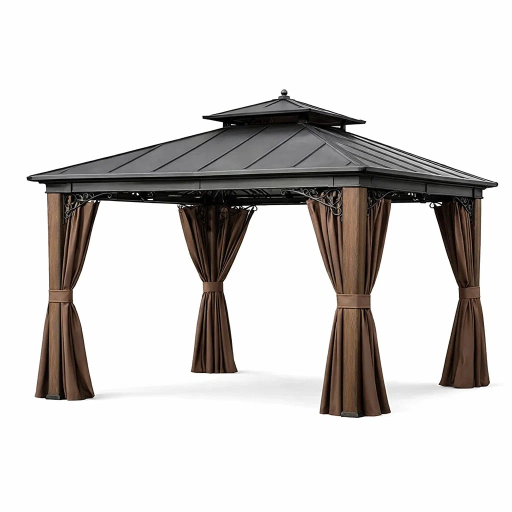 Pavillon en acier avec rideaux en polyester Marron - 2026