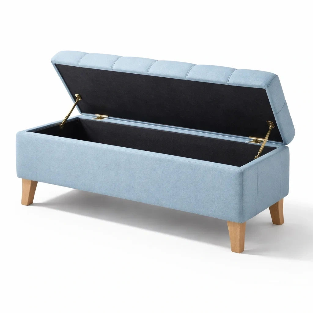 Banc de rangement en tissu polyester bleu avec pieds en bois - 2026
