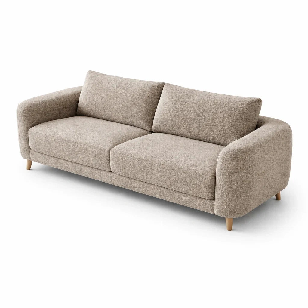 Canapé 3 places en tissu polyester beige avec pieds en bois - 2026