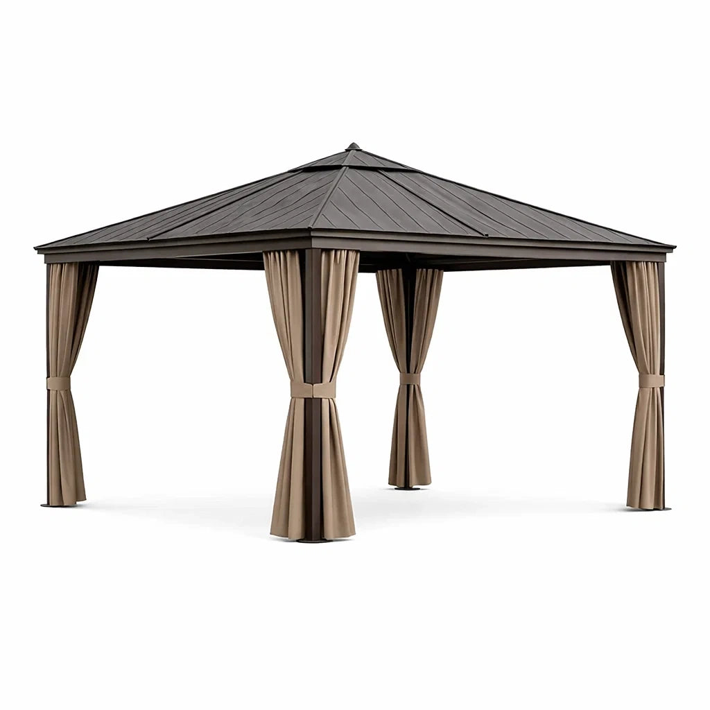 Pavillon de Jardin en Métal avec Rideaux en Polyester Beige - 2026