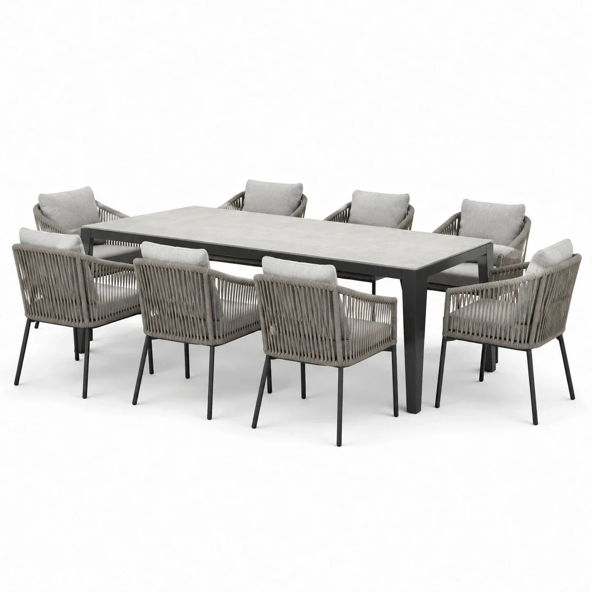 Ensemble repas de jardin 9 pièces gris et noir, table 220 × 100 × 75 cm et 8 fauteuils 60 × 62 × 82 cm - 2026