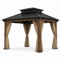 Tonnelle de jardin en bois marron avec toit métallique noir et rideaux beiges, 300 × 300 × 280 cm - 2026