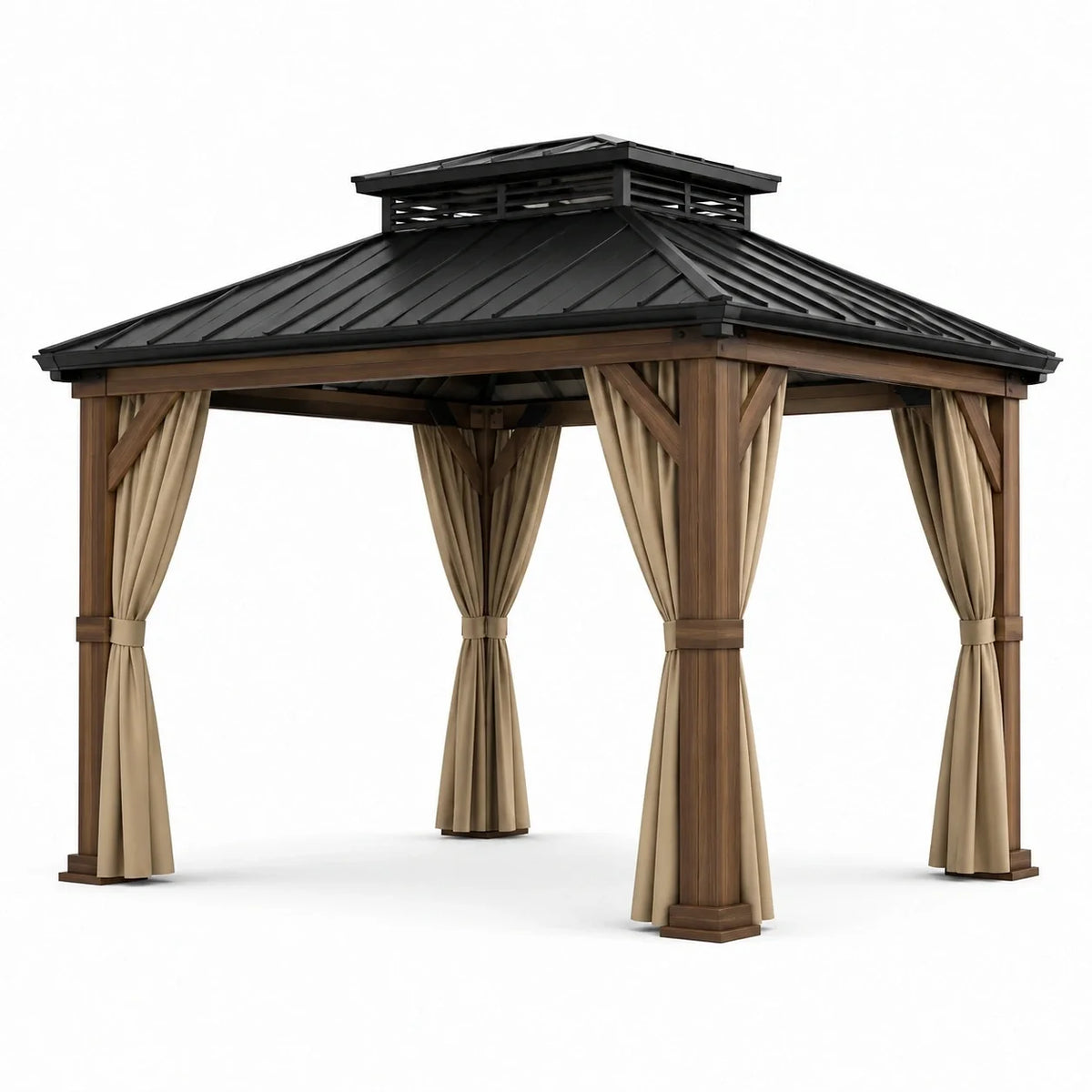 Tonnelle de jardin en bois marron avec toit métallique noir et rideaux beiges, 300 × 300 × 280 cm - 2026
