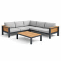 Salon de jardin d’angle en aluminium et bois avec coussins gris - 2026