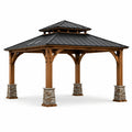 Tonnelle de jardin rustique en bois brun avec toiture en acier noir, 400 × 300 × 330 cm - 2026