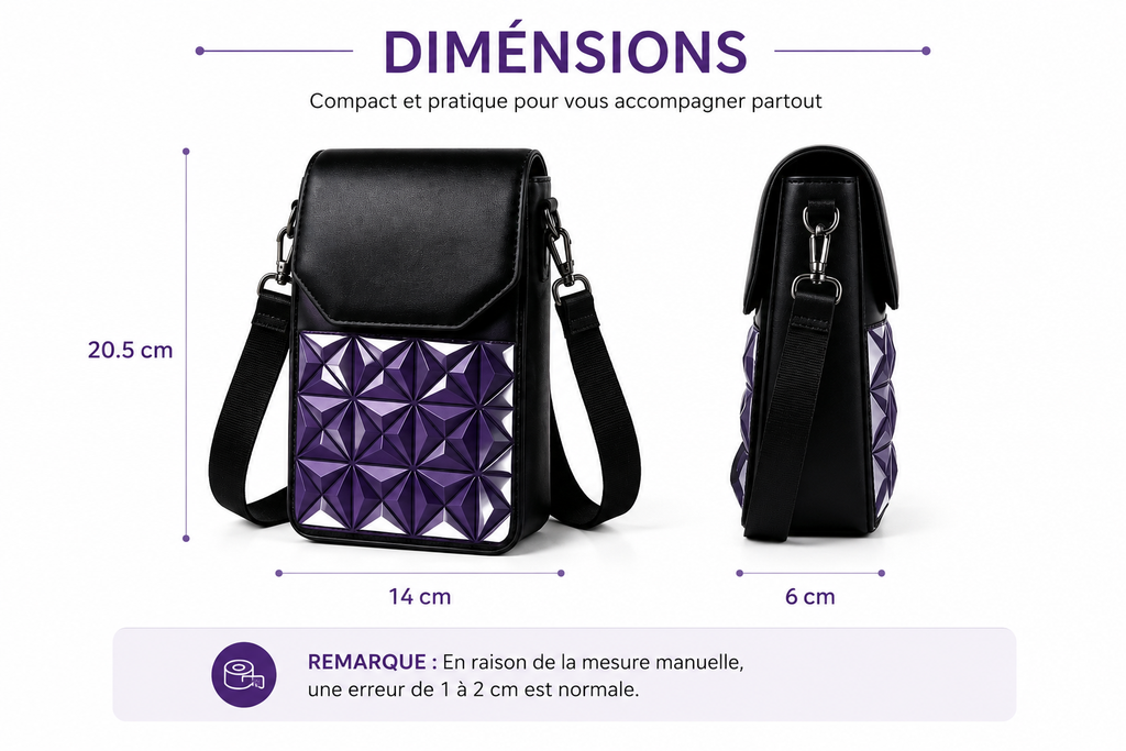 Sac Bandoulière Femme 3D Géométrique – Pochette Téléphone Chic & Pratique, Grande Capacité, Bandoulière Réglable, Similicuir Premium Violet & Noir