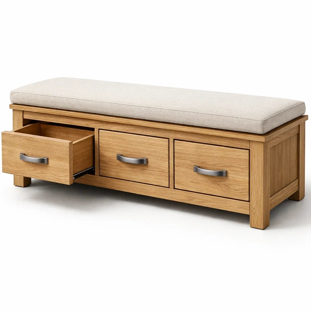 Banc de rangement en chêne avec coussin et 3 tiroirs - 2026