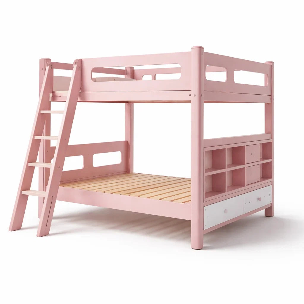 Lit superposé en bois massif rose avec rangements intégrés - 2026