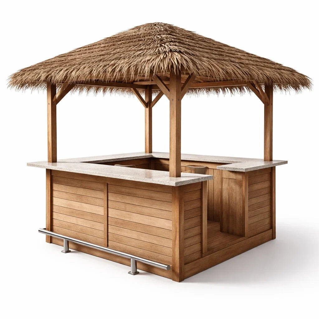 Kiosque bar de jardin en bois de teck avec toit en chaume et comptoir en pierre - 2026