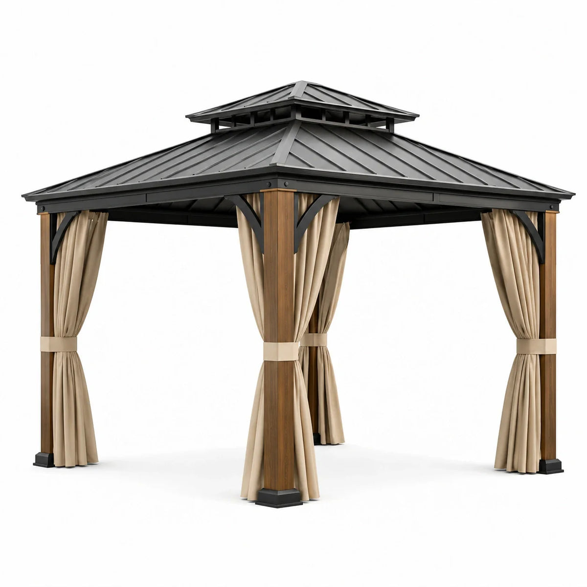 Pavillon de jardin en métal et bois avec toit en acier et rideaux en polyester 300x300cm - 2026