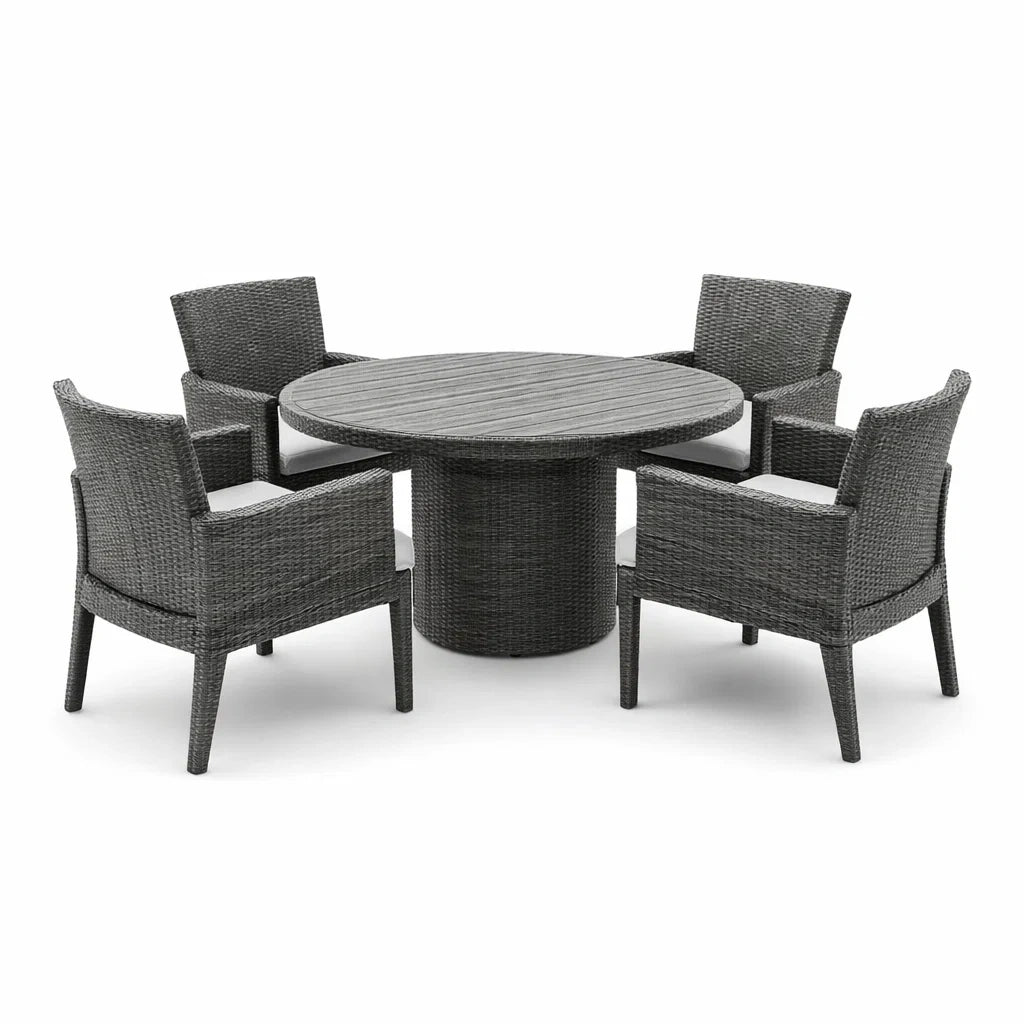 Ensemble de table et chaises de jardin en résine tressée et aluminium gris avec table ronde et 4 chaises - 2026