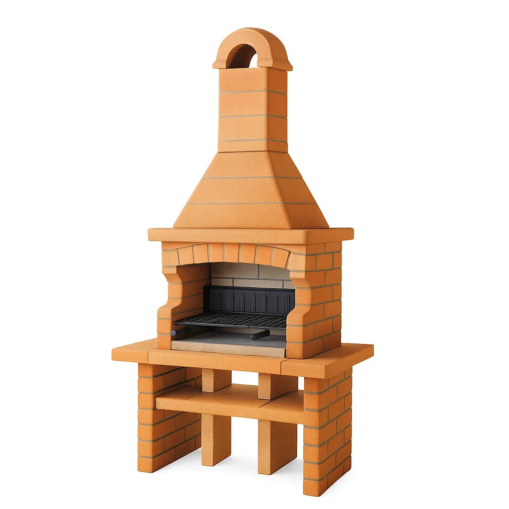 Barbecue en pierre en pierre reconstituée finition brique avec cheminée 200x110x65 cm - 2026