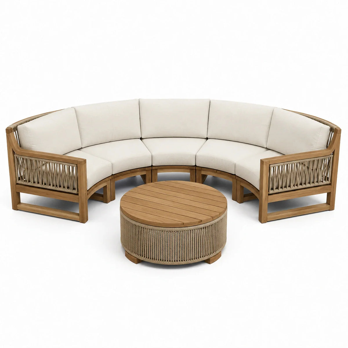 Ensemble de canapé d'angle en bois et corde beige crème avec table ronde - 2026