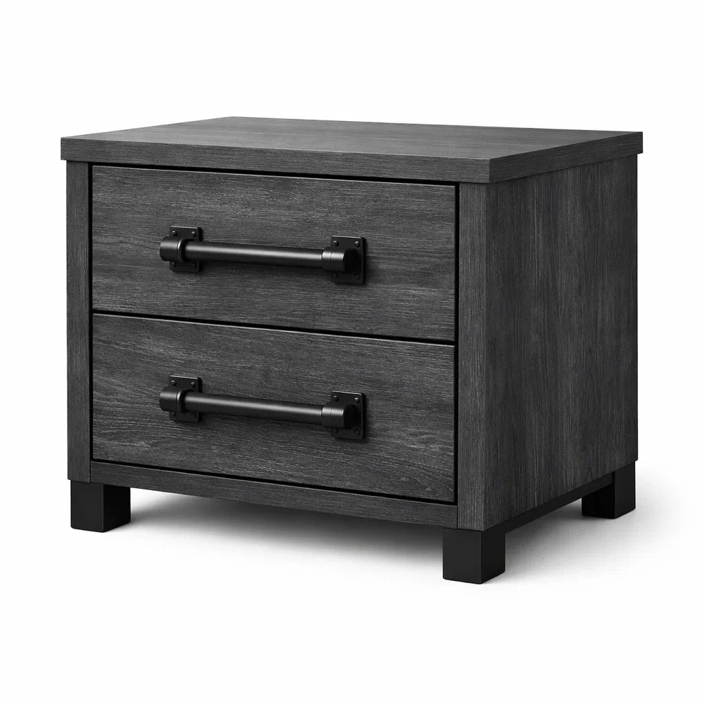 Table de chevet en bois avec 2 tiroirs et poignées métalliques grises 60x40x50 cm - 2026