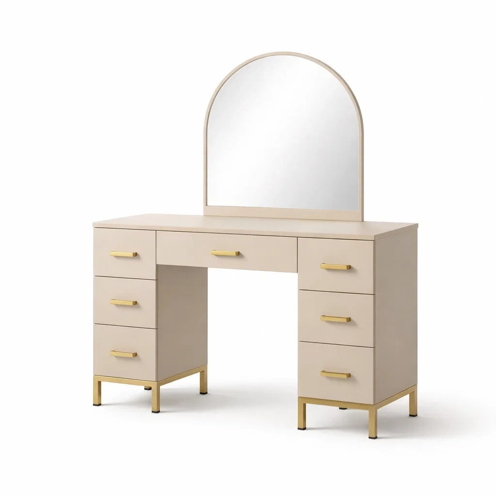 Coiffeuse avec miroir arrondi beige en mdf et métal avec 7 tiroirs - 2026
