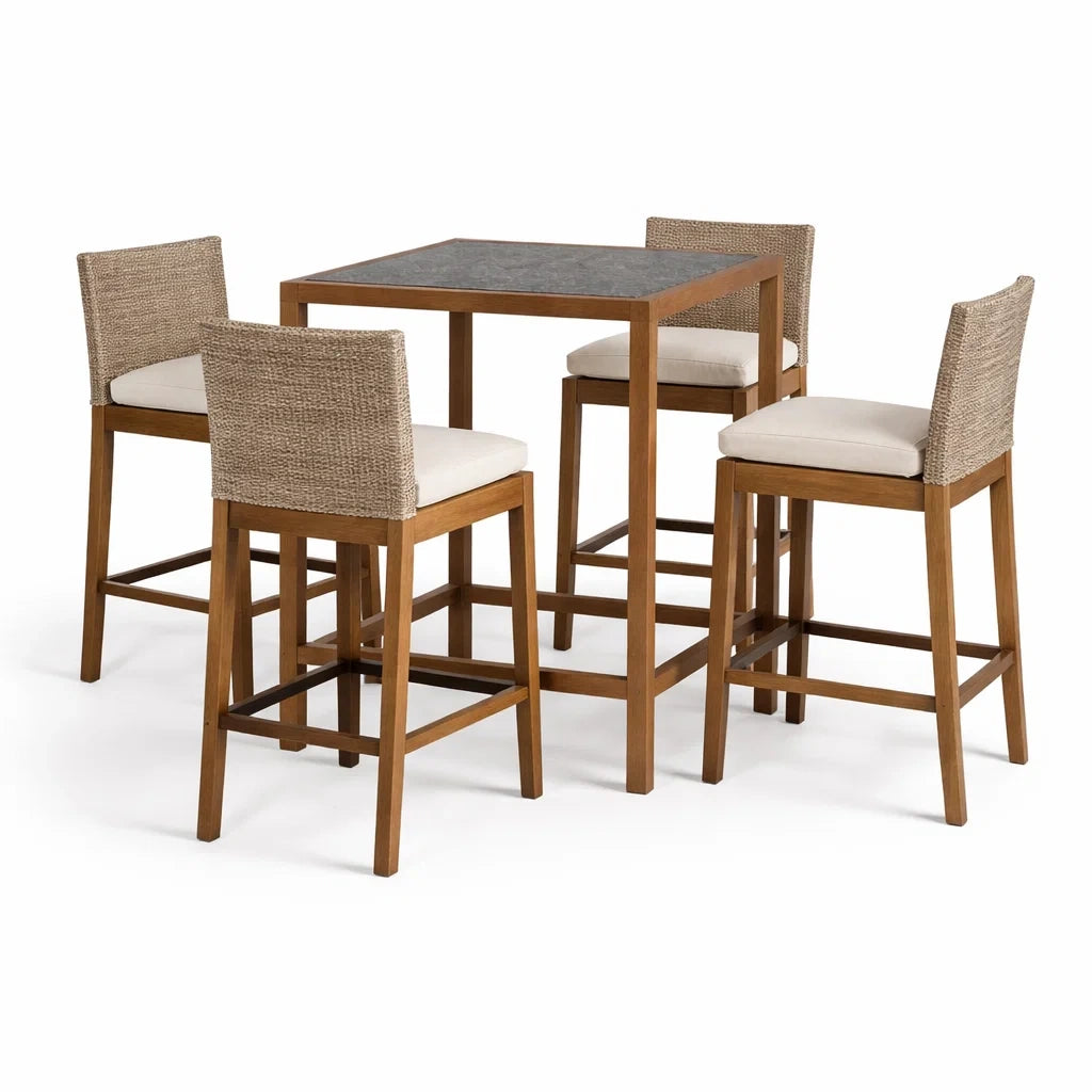 Ensemble de bar en teck et osier avec table haute et 4 chaises - 2026