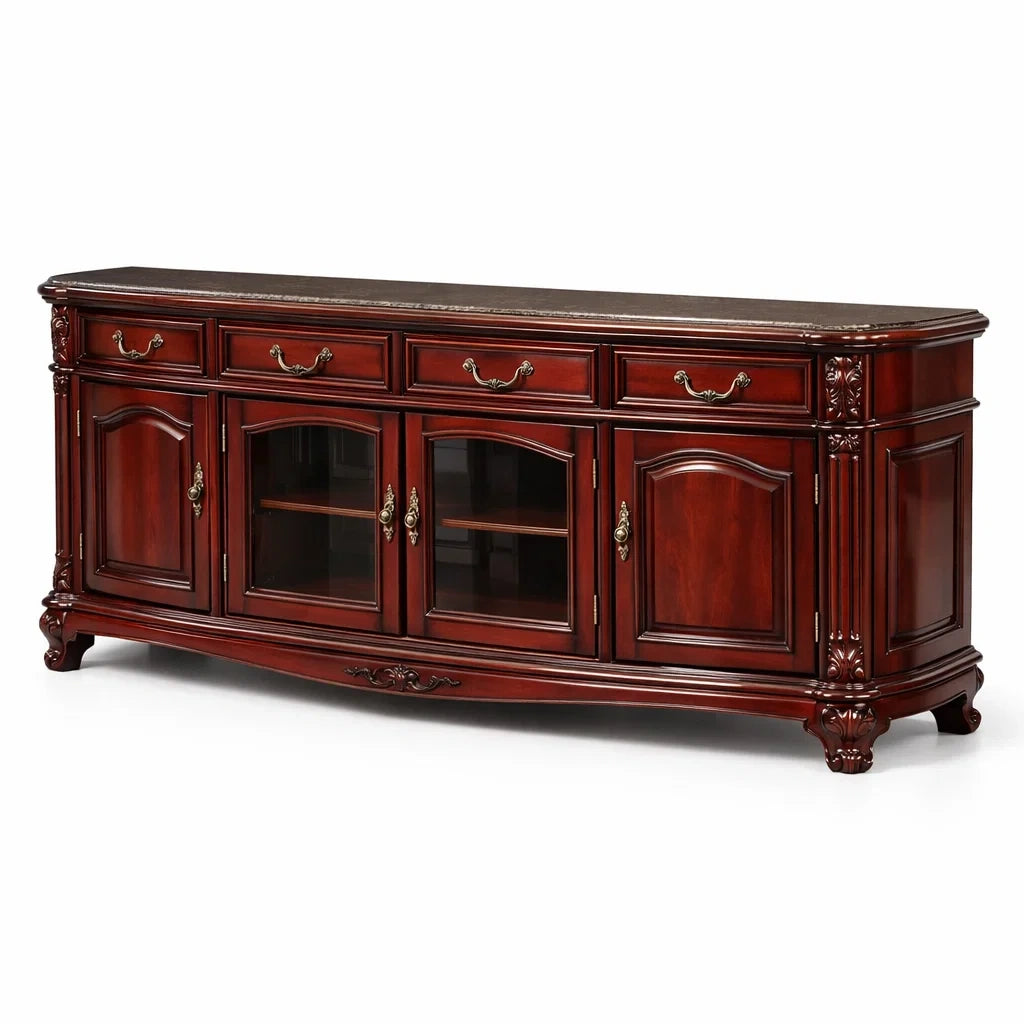 Buffet en bois d'acajou marron avec plateau en marbre, 4 portes vitrées et 3 tiroirs - 2026