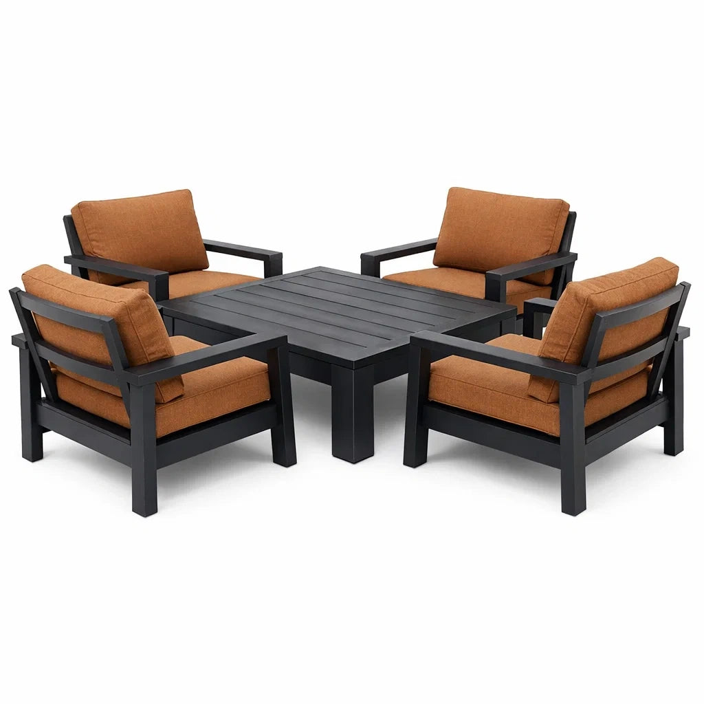 Salon de jardin en aluminium noir avec coussins marron - 2026