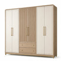 Armoire contemporaine à 6 portes et 2 tiroirs, 240 × 60 × 220 cm, beige clair et bois naturel, façades rainurées - 2026