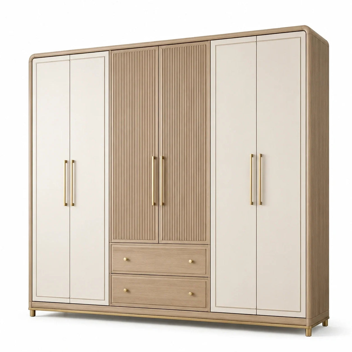 Armoire contemporaine à 6 portes et 2 tiroirs, 240 × 60 × 220 cm, beige clair et bois naturel, façades rainurées - 2026