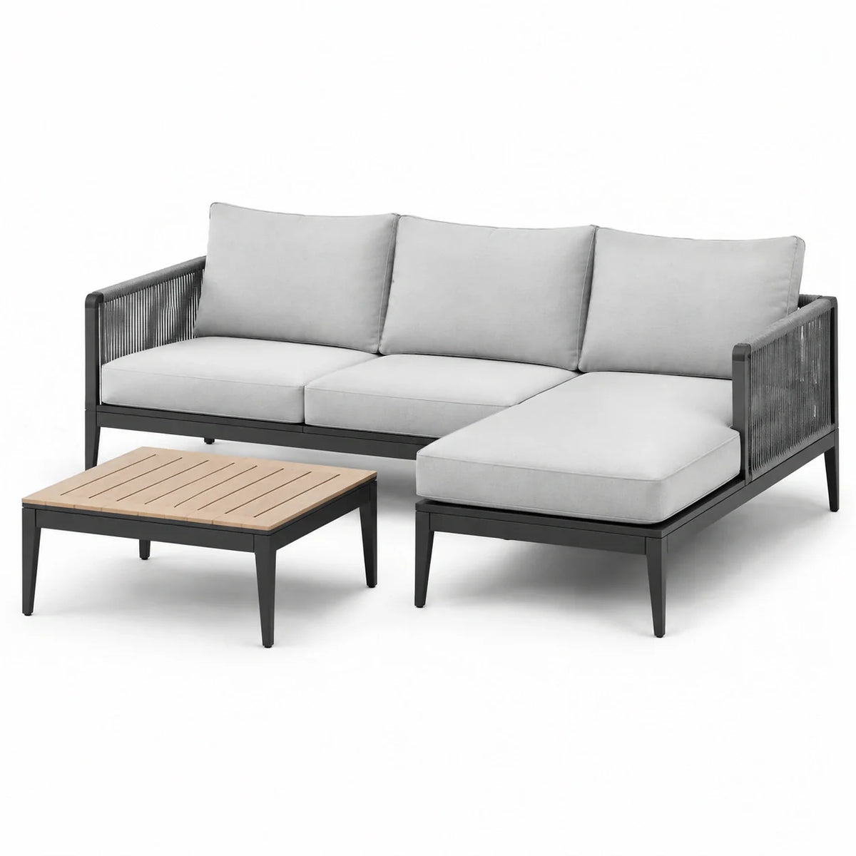 Ensemble de salon de jardin en aluminium avec coussins en polyester gris et table basse - 2026